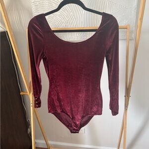 Sezane Velvet Long Sleeve Bodysuit - Deep Red